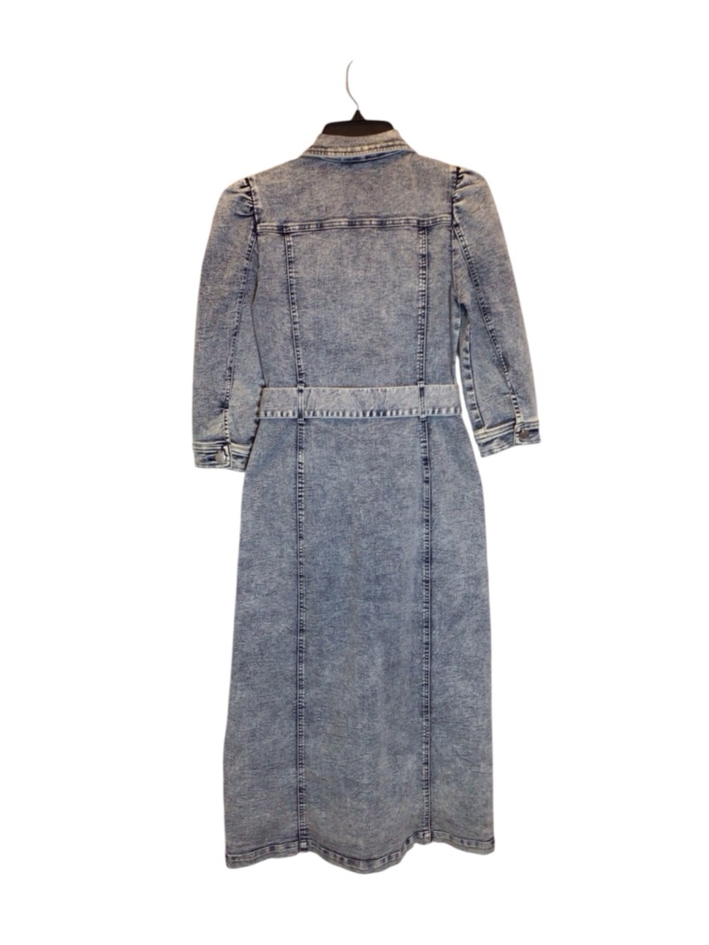 NWOT Venus Denim Midi Dress Sz 6 Puff Sleeve Belted Button Front Stretch - Picture 10 of 12